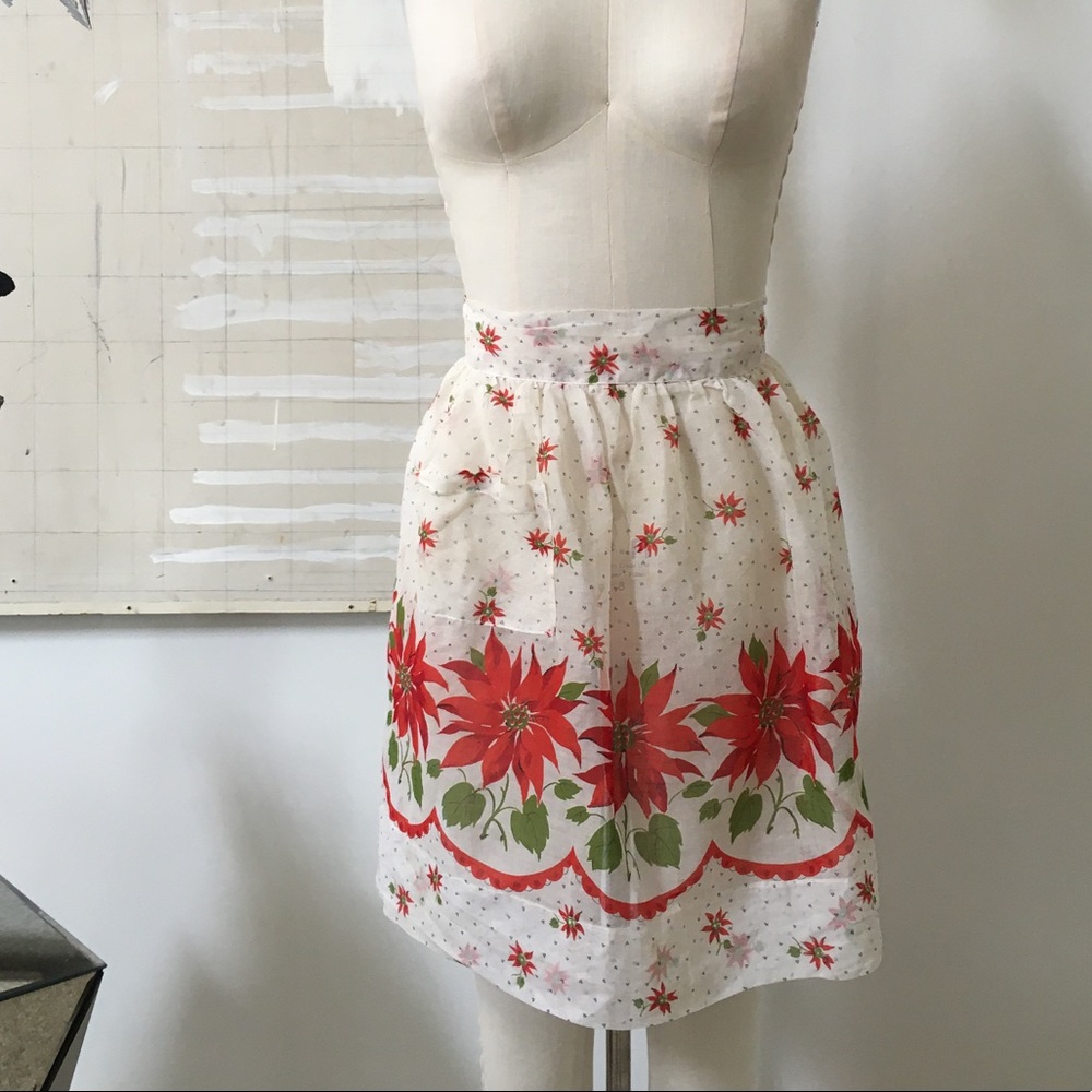 Vintage Christmas White Skirt with Red Poinsettia Floral Border